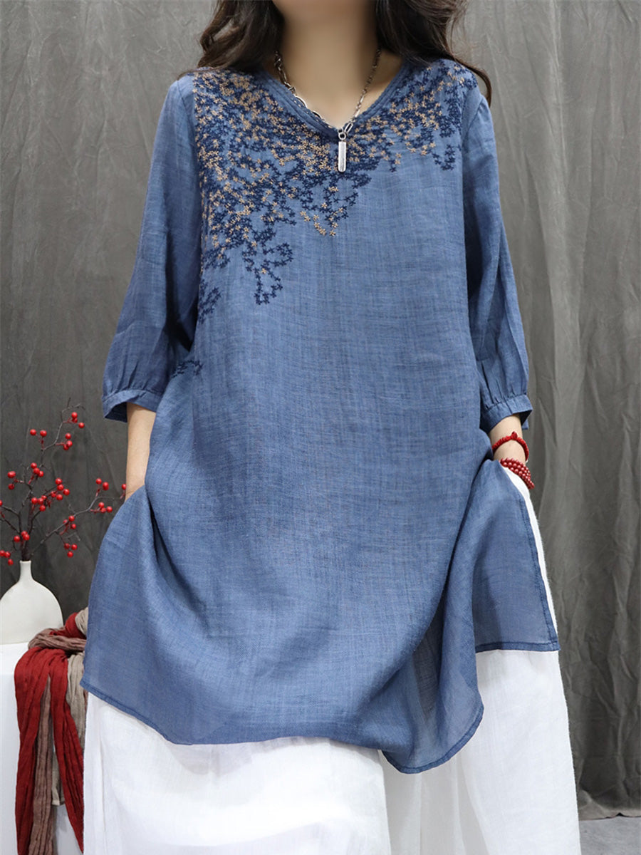 Women Summer Retro Embroidery O-Neck 100%Ramie Shirt