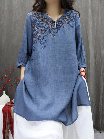 Women Summer Retro Embroidery O-Neck 100%Ramie Shirt