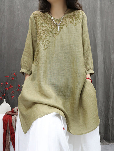 Women Summer Retro Embroidery O-Neck 100%Ramie Shirt