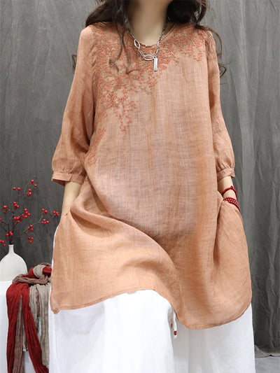 Women Summer Retro Embroidery O-Neck 100%Ramie Shirt