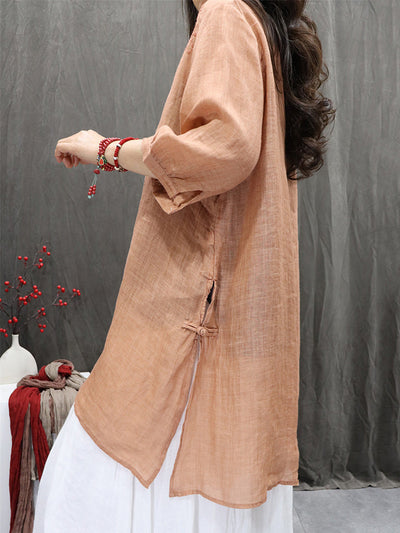 Women Summer Retro Embroidery O-Neck 100%Ramie Shirt