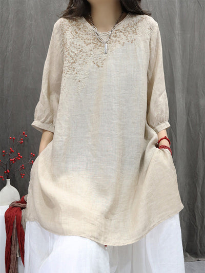 Women Summer Retro Embroidery O-Neck 100%Ramie Shirt