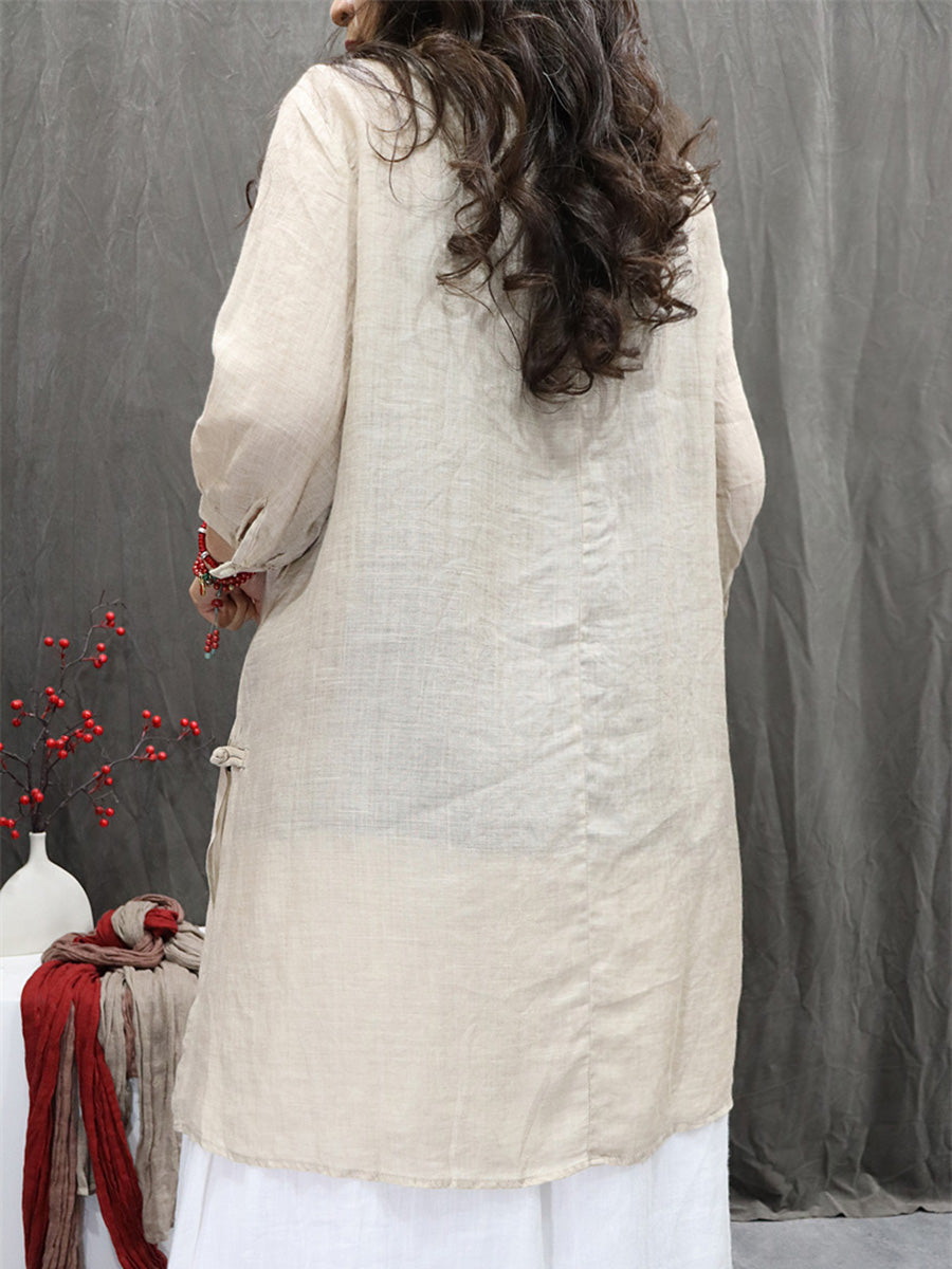 Women Summer Retro Embroidery O-Neck 100%Ramie Shirt