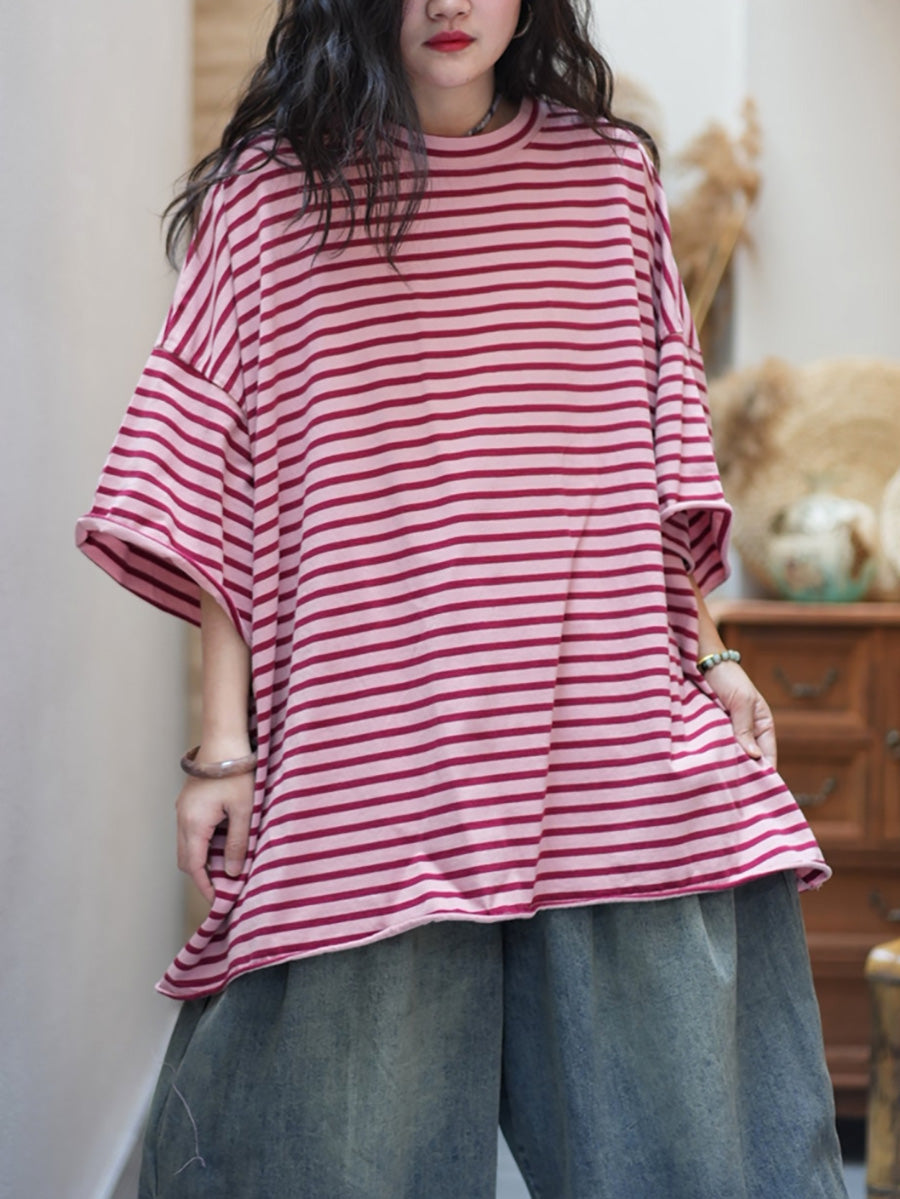 Plus Size Women Summer Artsy Stripe O-Neck Cotton Shirt