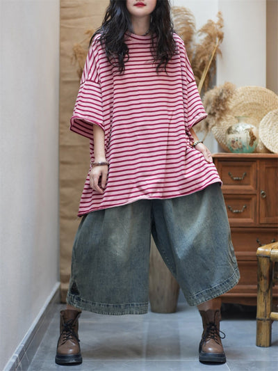 Plus Size Women Summer Artsy Stripe O-Neck Cotton Shirt