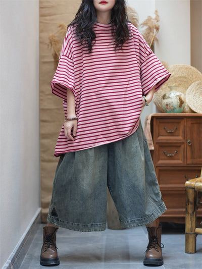 Plus Size Women Summer Artsy Stripe O-Neck Cotton Shirt