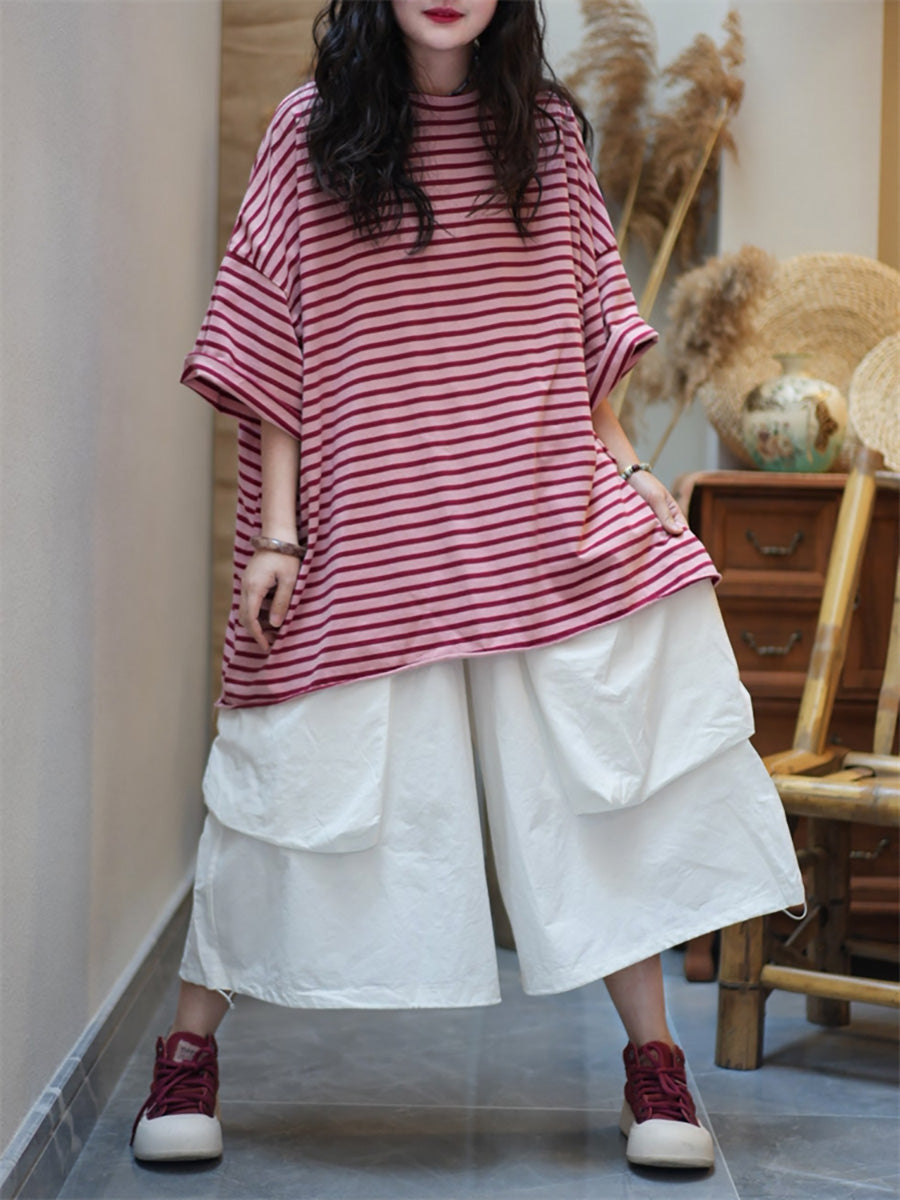 Plus Size Women Summer Artsy Stripe O-Neck Cotton Shirt