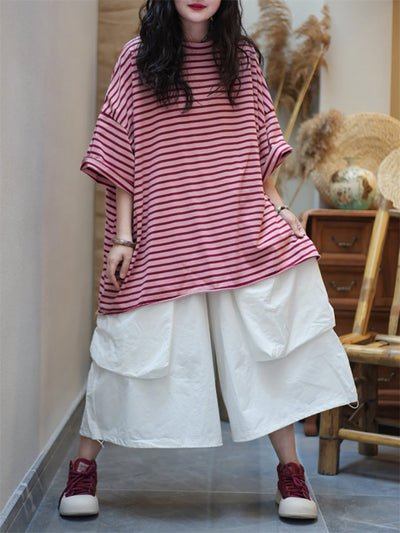 Plus Size Women Summer Artsy Stripe O-Neck Cotton Shirt