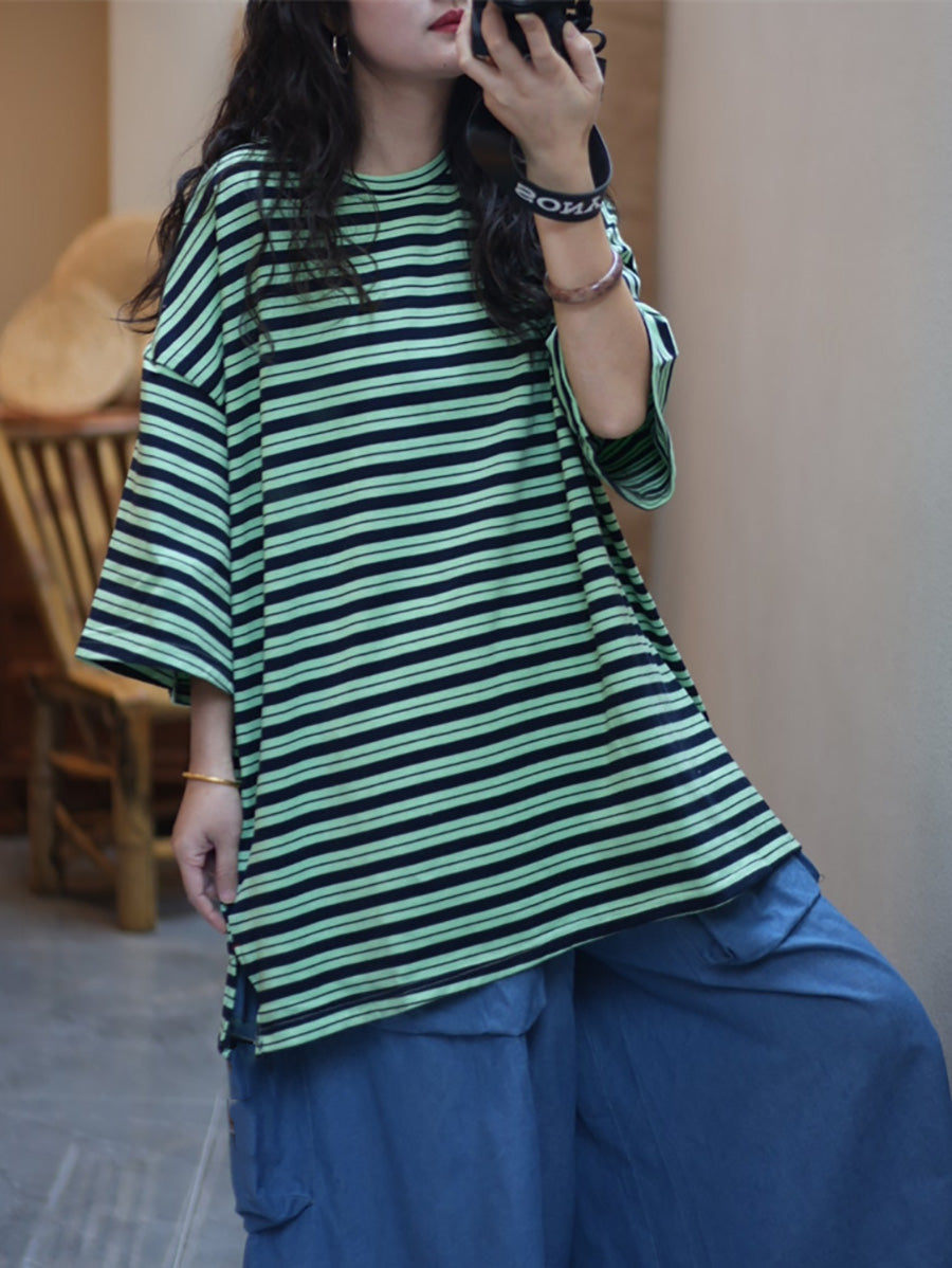 Plus Size Women Summer Artsy Stripe O-Neck Cotton Shirt