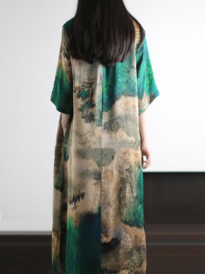 Plus Size Women Summer Artsy Print O-Neck Loose Dress