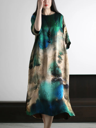 Plus Size Women Summer Artsy Print O-Neck Loose Dress