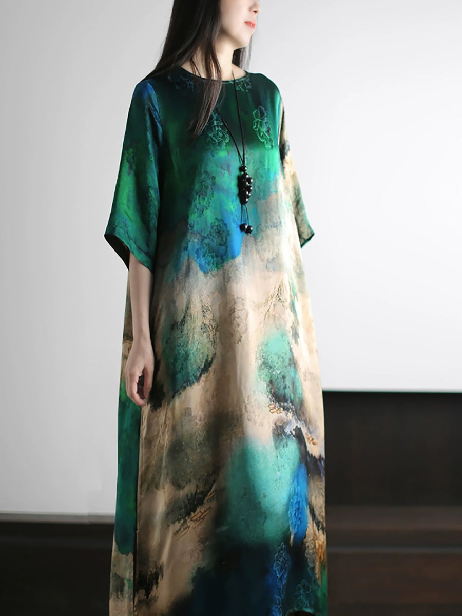 Plus Size Women Summer Artsy Print O-Neck Loose Dress