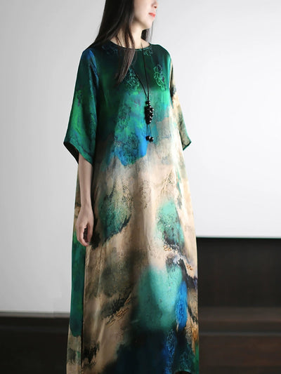 Plus Size Women Summer Artsy Print O-Neck Loose Dress