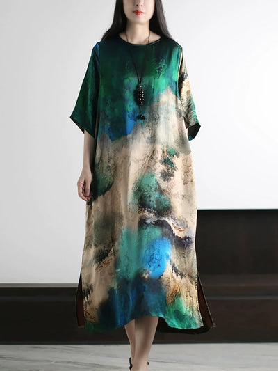 Plus Size Women Summer Artsy Print O-Neck Loose Dress