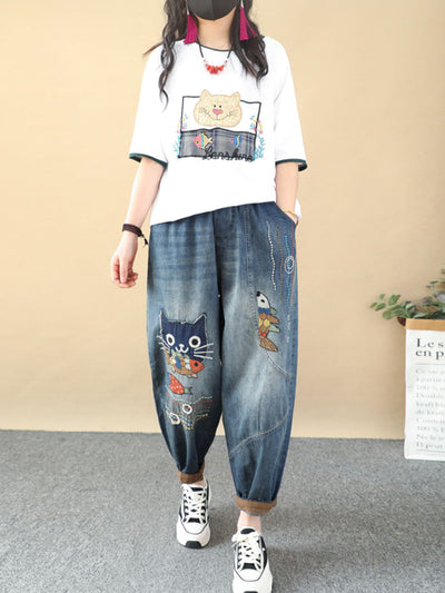Women Retro Cat Fish Embroidery Denim Harem Pants