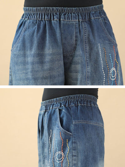 Women Retro Cat Fish Embroidery Denim Harem Pants