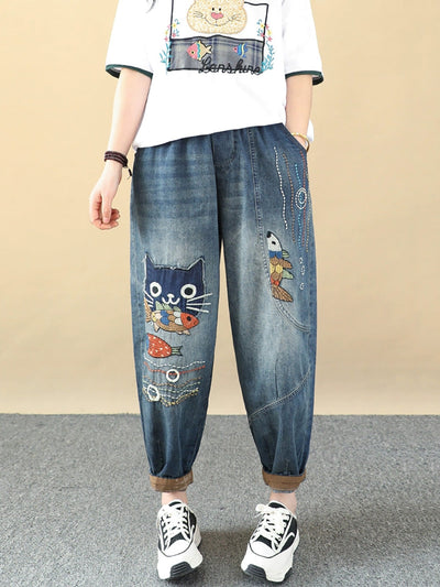 Women Retro Cat Fish Embroidery Denim Harem Pants