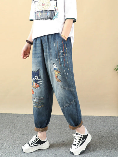 Women Retro Cat Fish Embroidery Denim Harem Pants