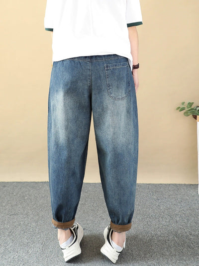 Women Retro Cat Fish Embroidery Denim Harem Pants