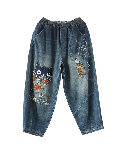 Women Retro Cat Fish Embroidery Denim Harem Pants