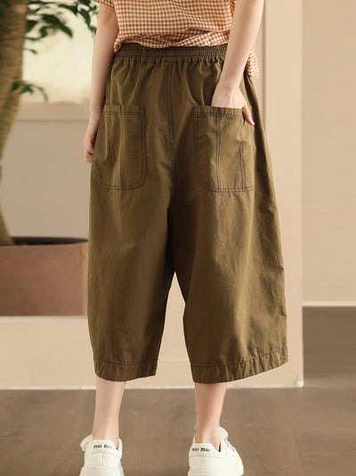 Plus Size Women Summer Casual Pure Color Cotton Spliced Pants