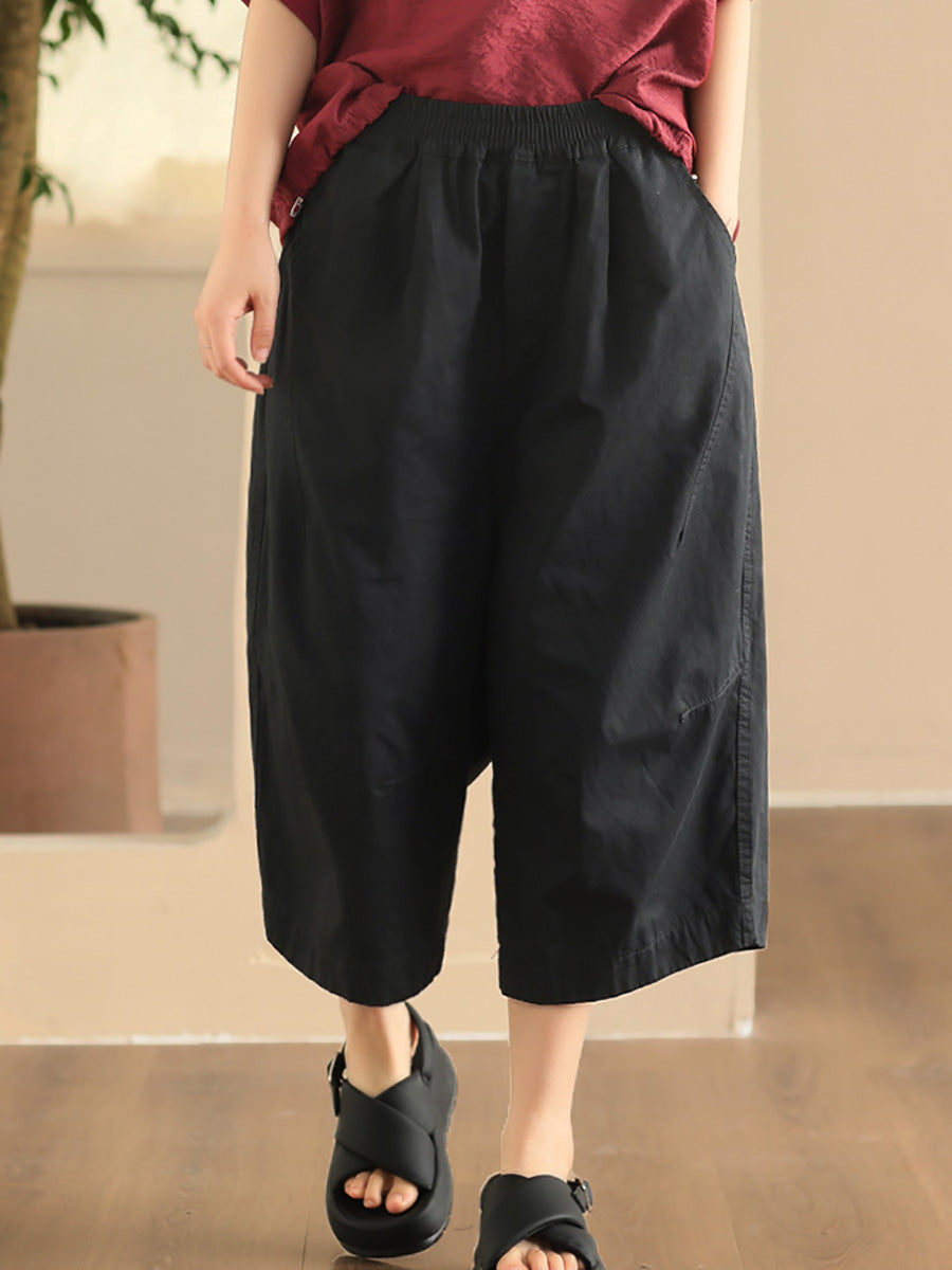 Plus Size Women Summer Casual Pure Color Cotton Spliced Pants