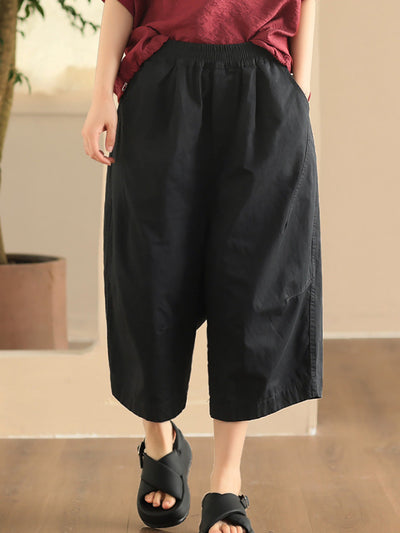 Plus Size Women Summer Casual Pure Color Cotton Spliced Pants