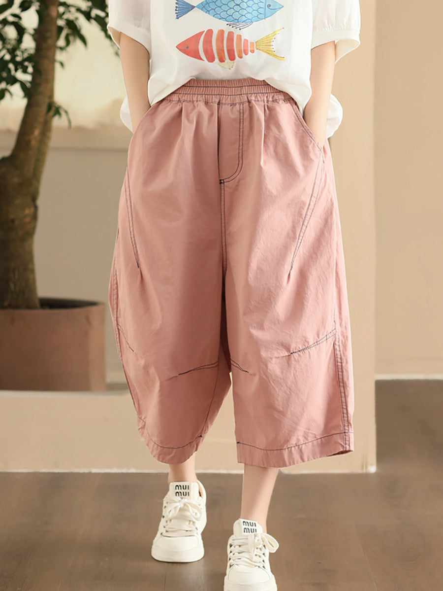 Plus Size Women Summer Casual Pure Color Cotton Spliced Pants