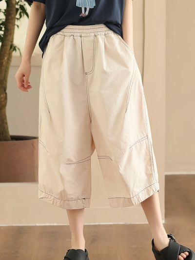 Plus Size Women Summer Casual Pure Color Cotton Spliced Pants