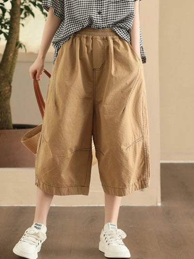 Plus Size Women Summer Casual Pure Color Cotton Spliced Pants