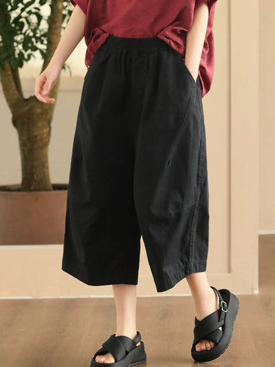 Plus Size Women Summer Casual Pure Color Cotton Spliced Pants
