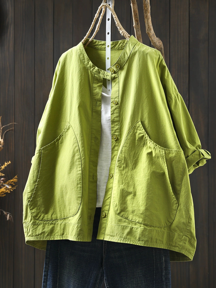 Plus Size Women Summer Casual Pure Color Stand Collar Cardigan Shirt