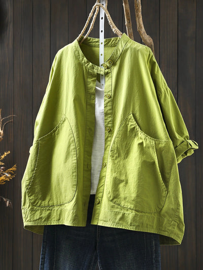 Plus Size Women Summer Casual Pure Color Stand Collar Cardigan Shirt