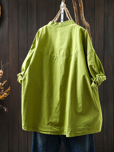 Plus Size Women Summer Casual Pure Color Stand Collar Cardigan Shirt