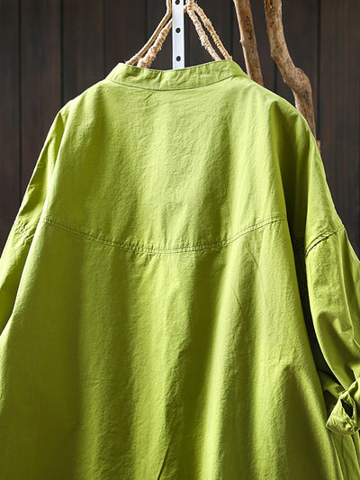 Plus Size Women Summer Casual Pure Color Stand Collar Cardigan Shirt