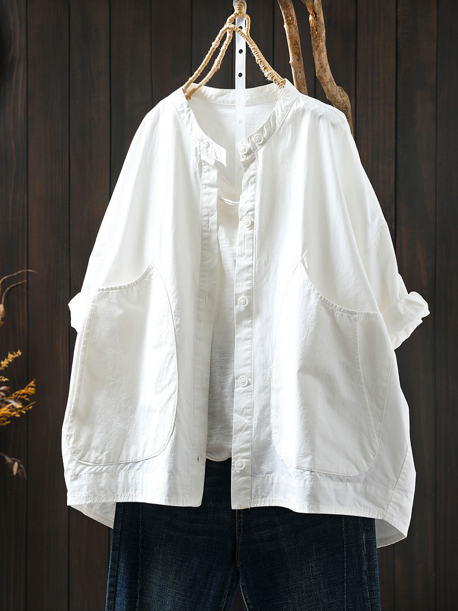 Plus Size Women Summer Casual Pure Color Stand Collar Cardigan Shirt
