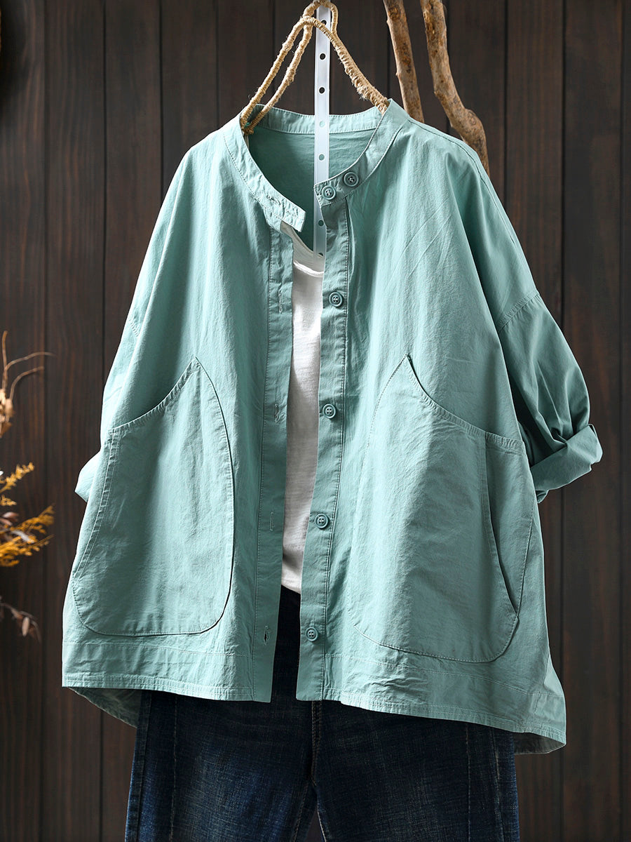 Plus Size Women Summer Casual Pure Color Stand Collar Cardigan Shirt