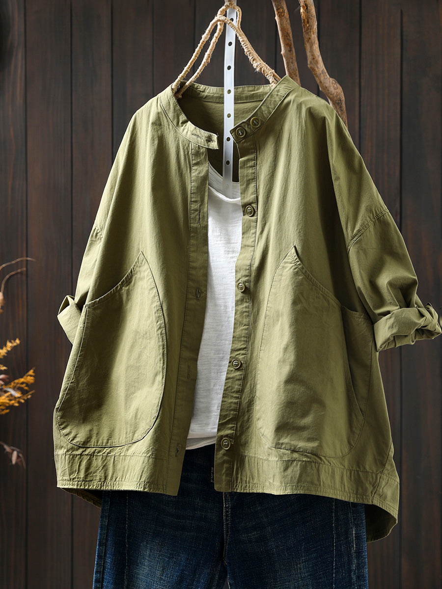 Plus Size Women Summer Casual Pure Color Stand Collar Cardigan Shirt