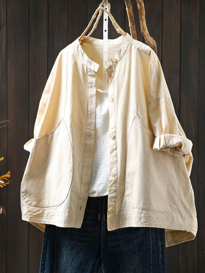 Plus Size Women Summer Casual Pure Color Stand Collar Cardigan Shirt