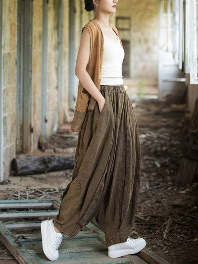 Women Summer Retro Solid Raw-edge Spliced Loose Bloomers