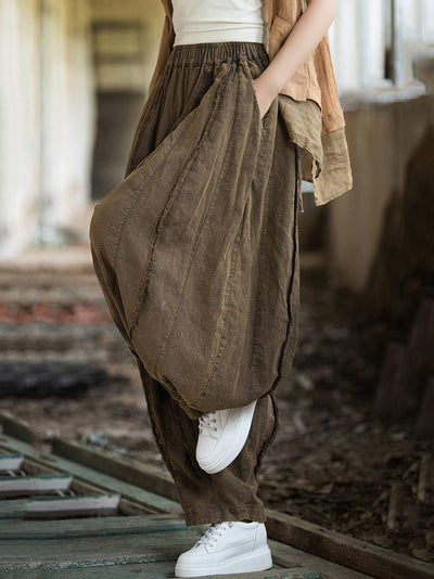 Women Summer Retro Solid Raw-edge Spliced Loose Bloomers