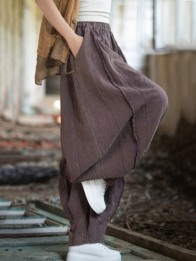 Women Summer Retro Solid Raw-edge Spliced Loose Bloomers