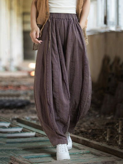 Women Summer Retro Solid Raw-edge Spliced Loose Bloomers