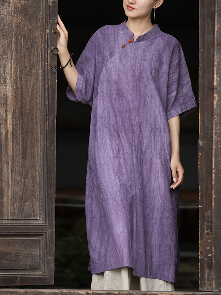 Women Summer Artsy Tie-dye Stand Collar Ramie Dress