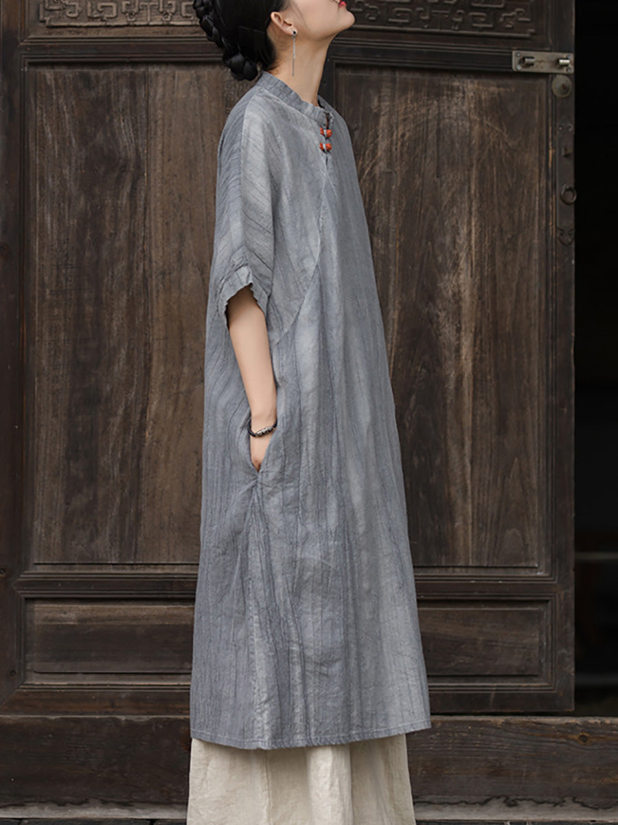 Women Summer Artsy Tie-dye Stand Collar Ramie Dress