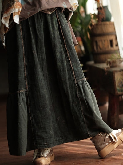 Women Spring Retro Spliced A-Shape Cotton Skirt