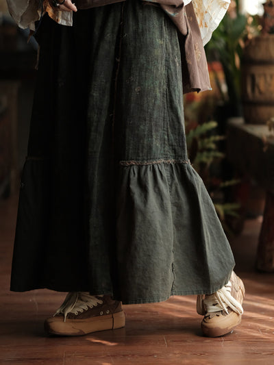 Women Spring Retro Spliced A-Shape Cotton Skirt