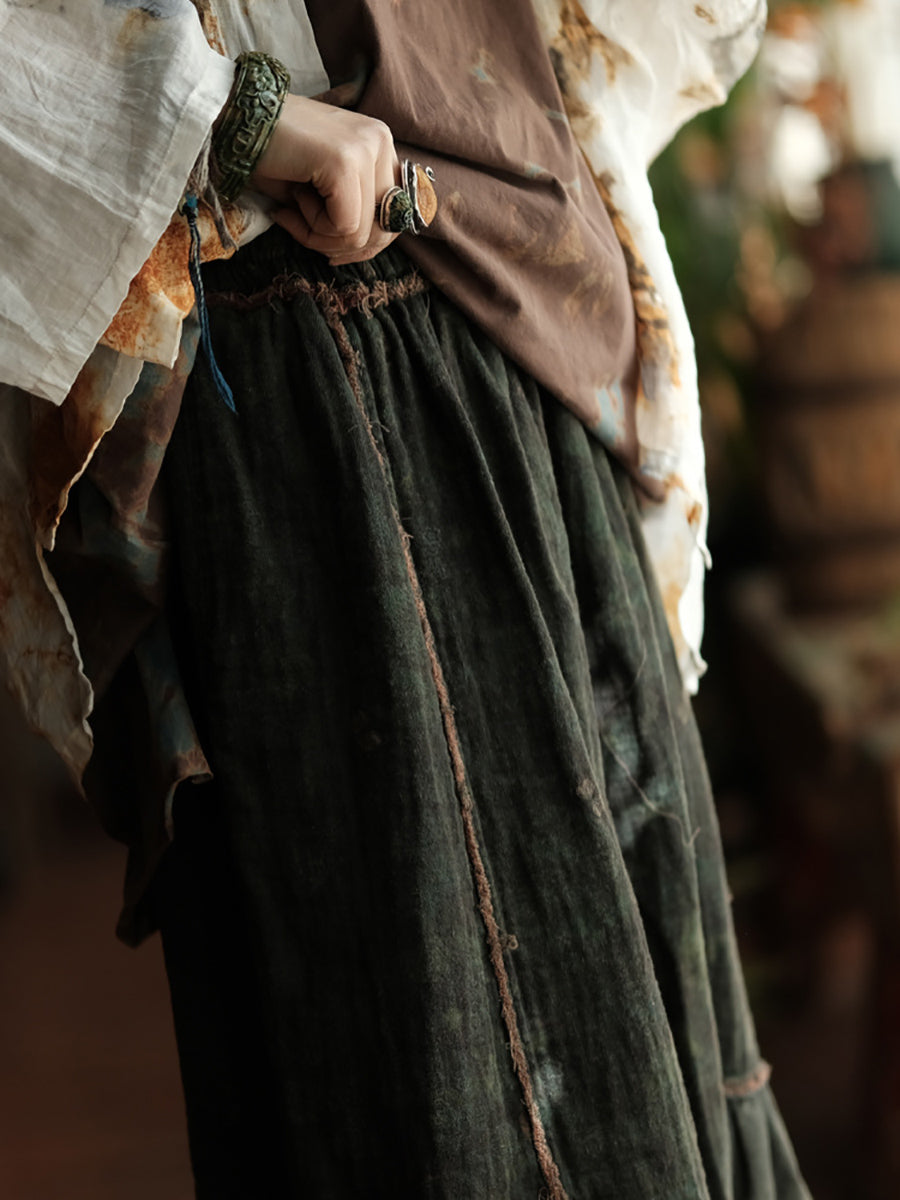 Women Spring Retro Spliced A-Shape Cotton Skirt