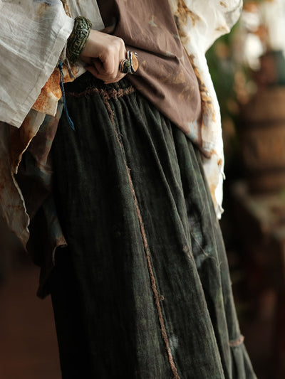 Women Spring Retro Spliced A-Shape Cotton Skirt