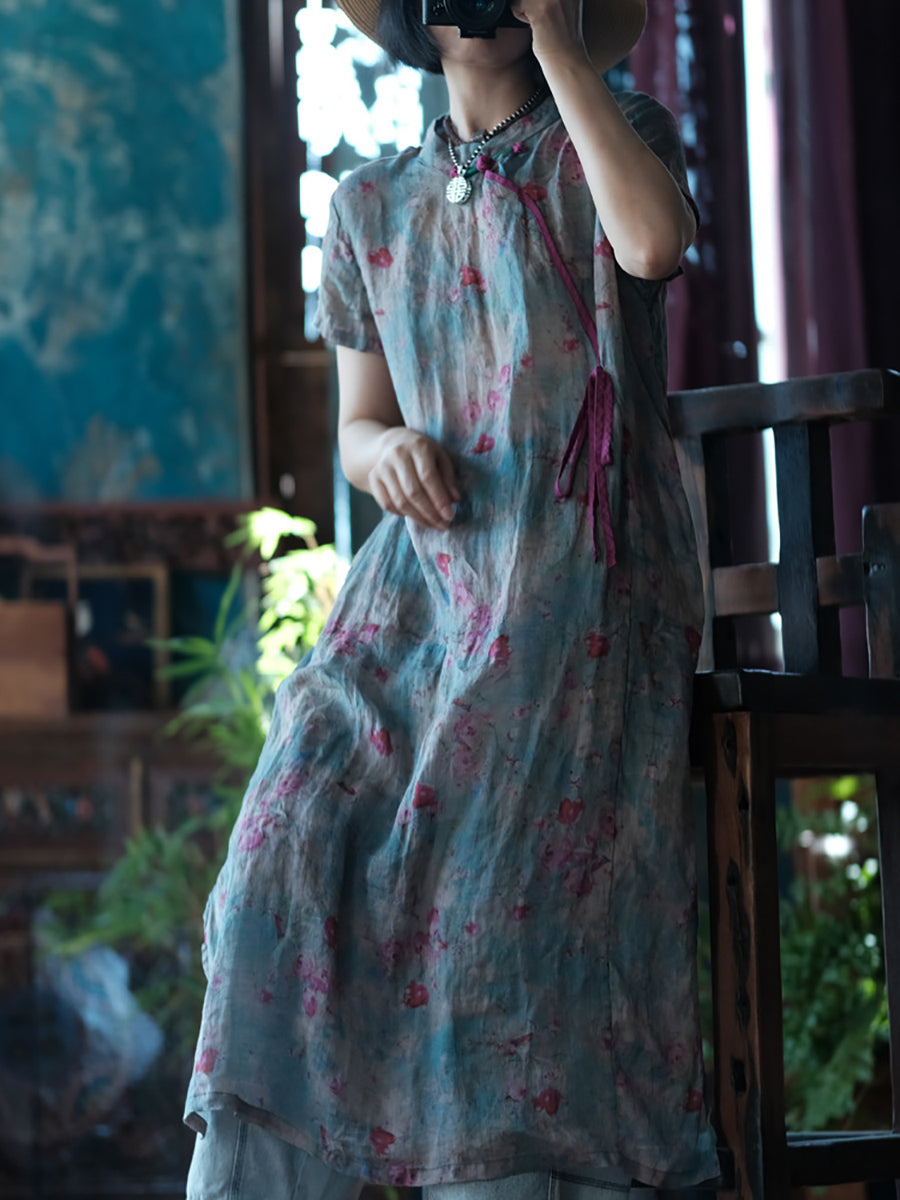 Women Summer Ethnic Flower Stand Collar Linen Dress